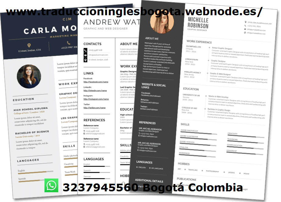 Traducción Hojas de Vida CV Inglés Español Bogotá Colombia tel 3237945560